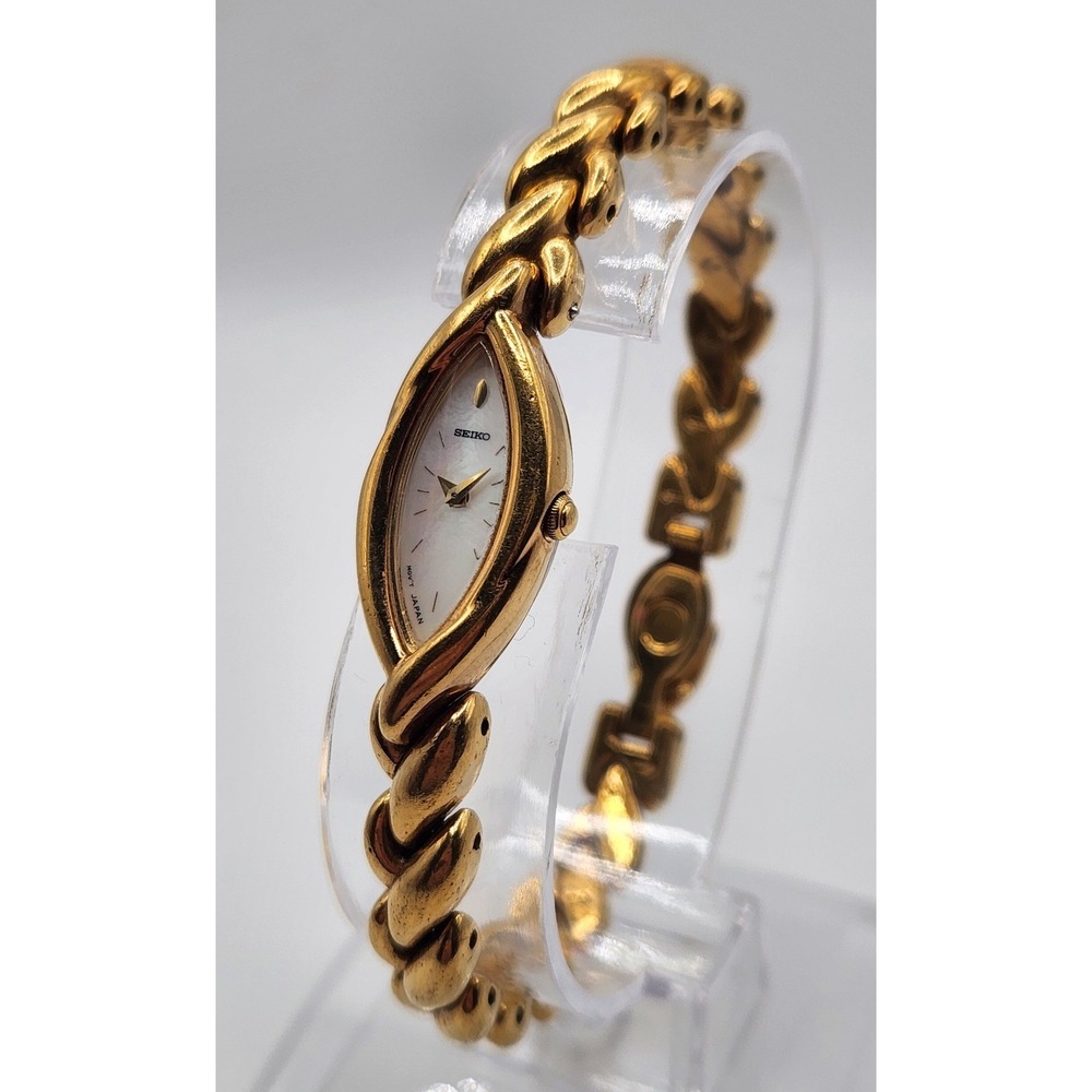 Vtg Seiko Almond Watch Braided Band 1E20-3B29 Womens 7 Gold Tone Mother of Pearl